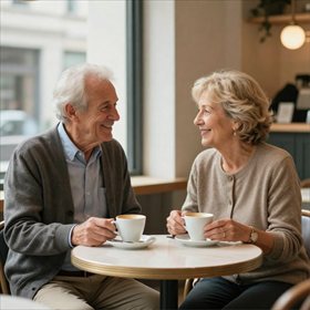 Couple de seniors discutant autour d'un café