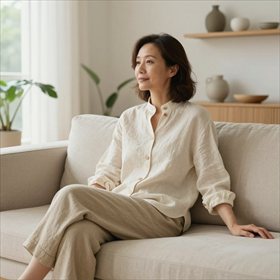 Femme sereine et détendue sur son canapé