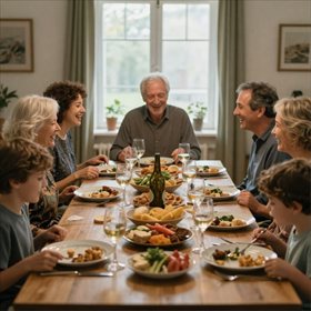 Repas de famille convivial autour d'une grande table
